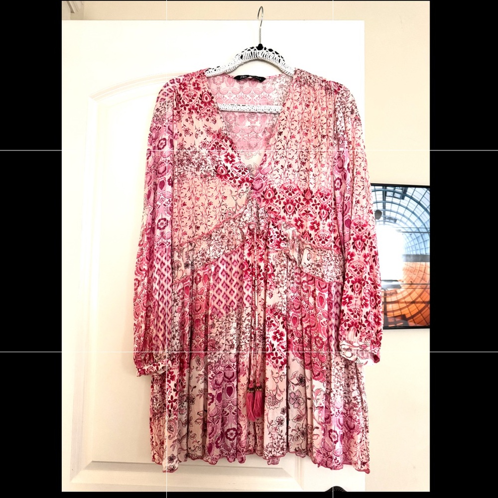 Zara Red and Pink Patterned Long Sleeve Dress
